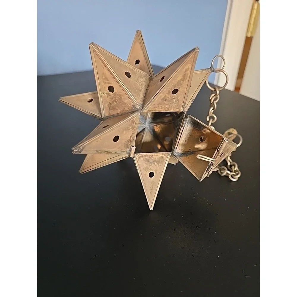 Vtg. Moravian Star Pierced Metal Votive Candle Pendant Hanging Light 6